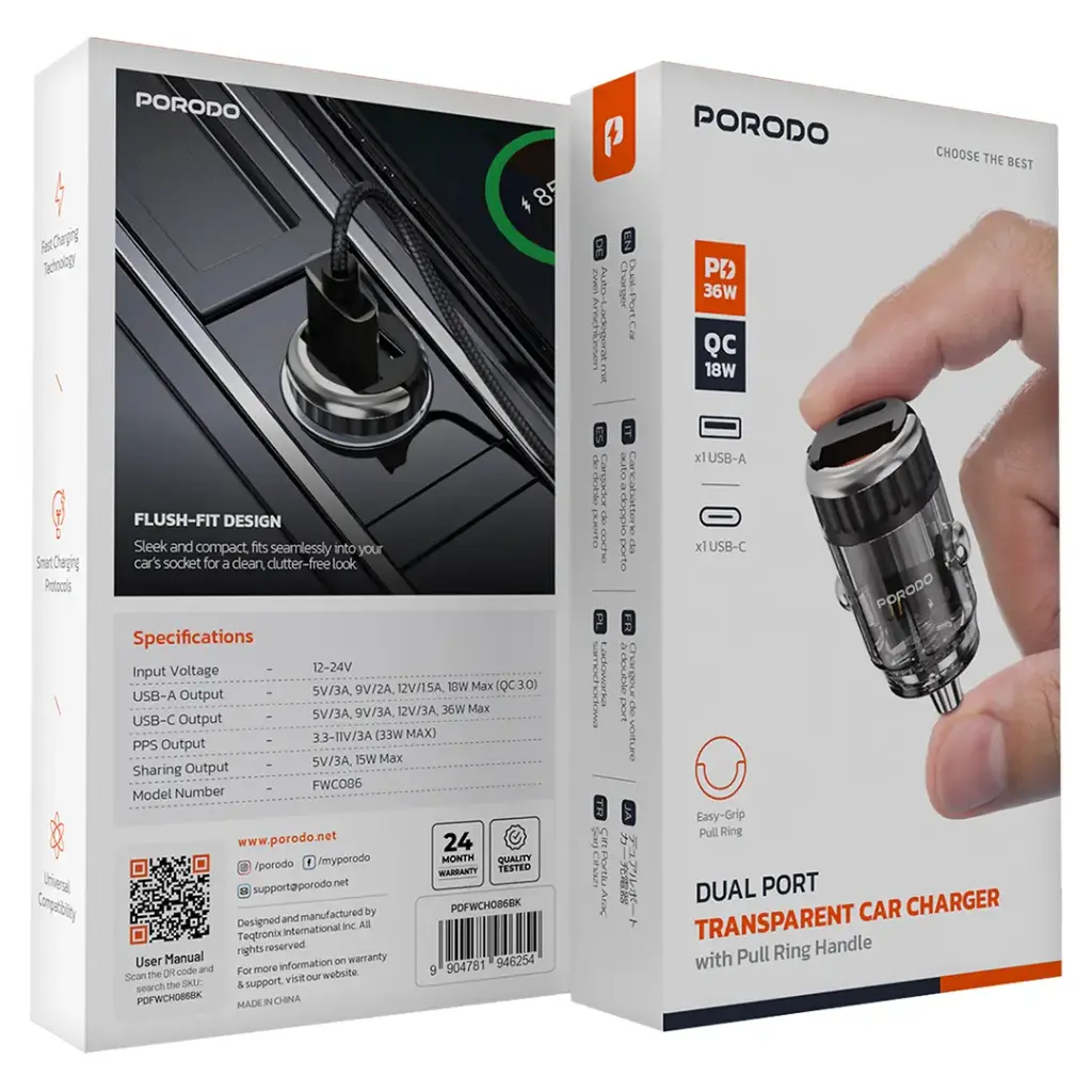 PORODO DUAL PORT TRANSPARENT CAR CHARGER WITH PULL RING HOLDER BLACK PDFWCH086BK - Image 5