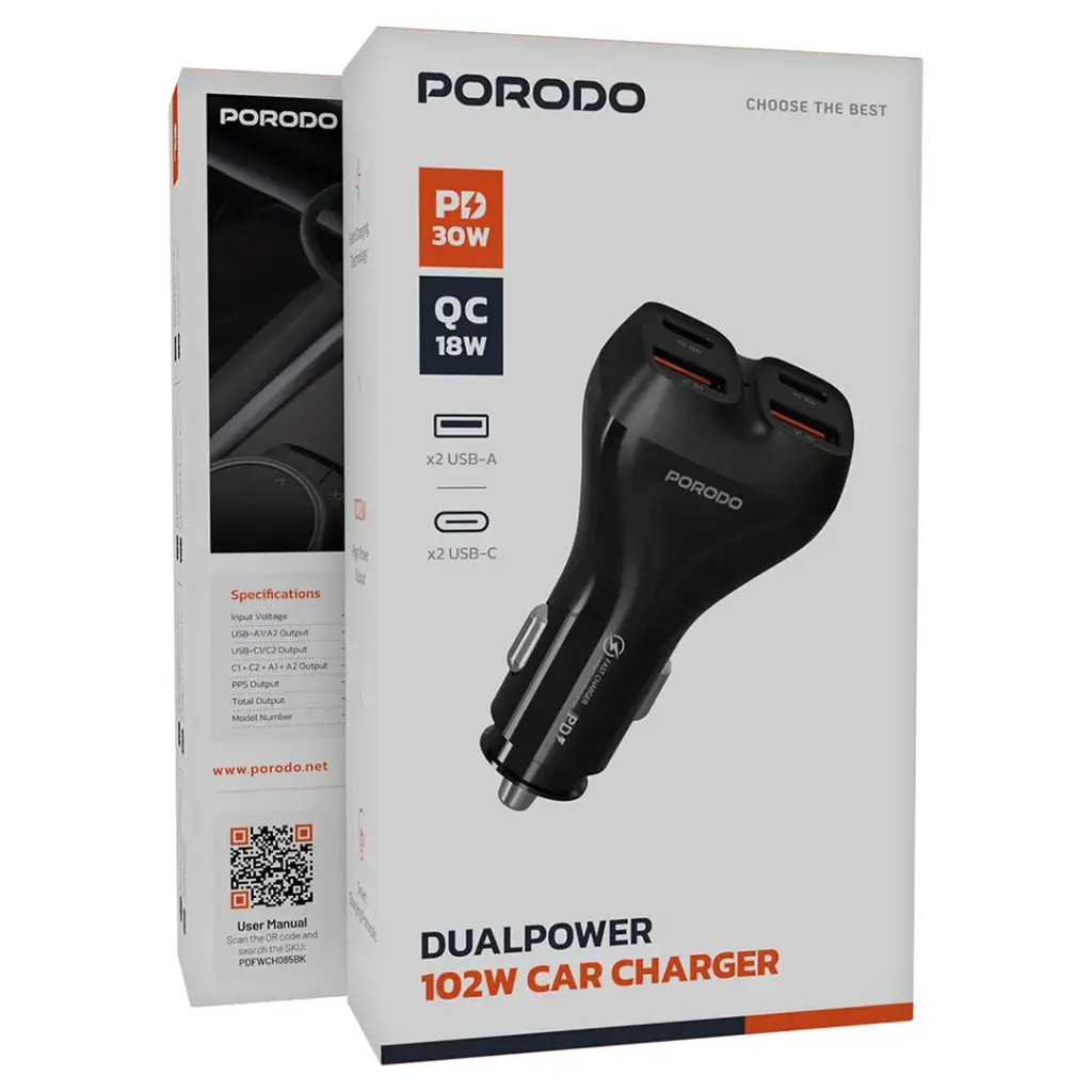 PORODO DUALPOWER 102W CAR CHARGER PD30W QC18W BLACK PDFWCH085BK - Image 5