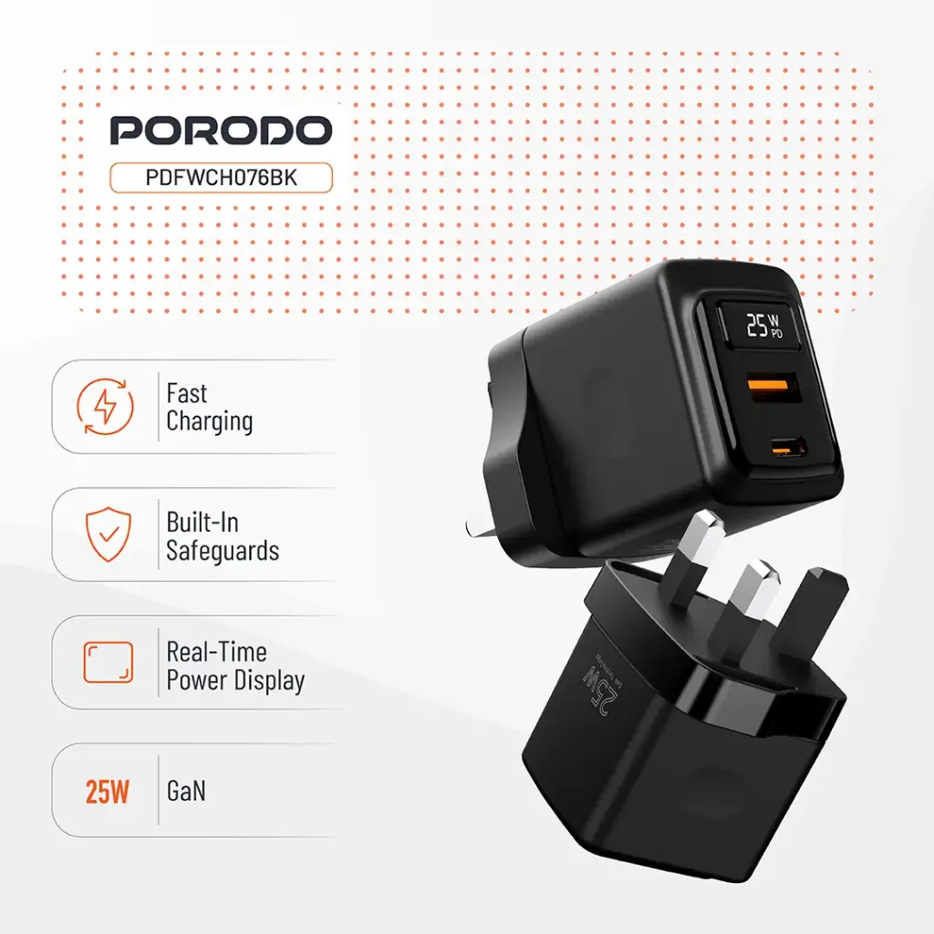 PORODO GAN 25W DUAL PORT USB C WALL CHARGER BLACK PDFWCH076BK - Image 3