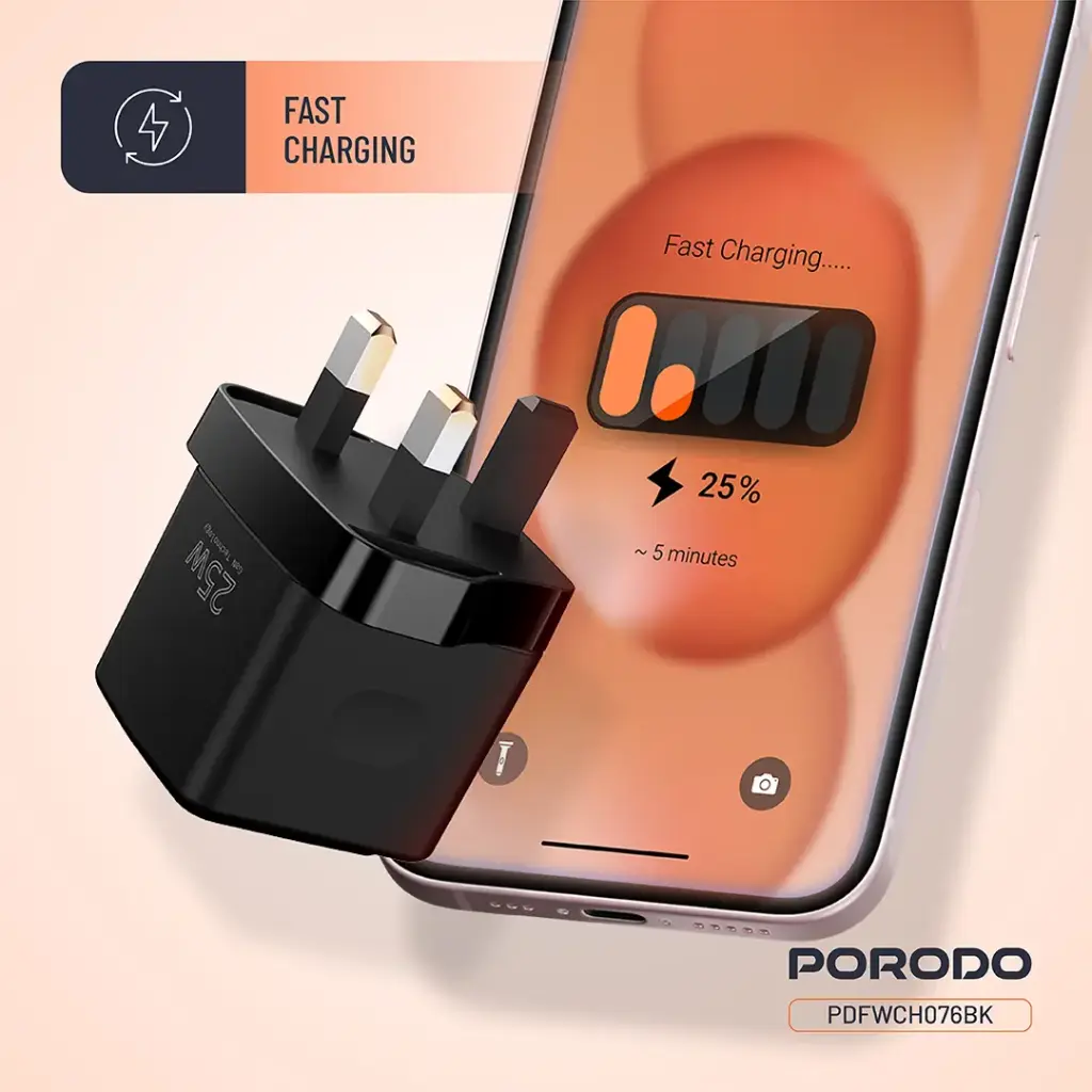PORODO GAN 25W DUAL PORT USB C WALL CHARGER BLACK PDFWCH076BK - Image 4
