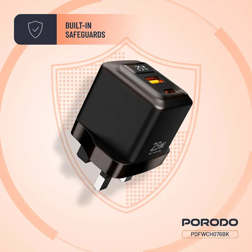 PORODO GAN 25W DUAL USB C WALL CHARGER BLACK PDFWCH079BK - Image 5