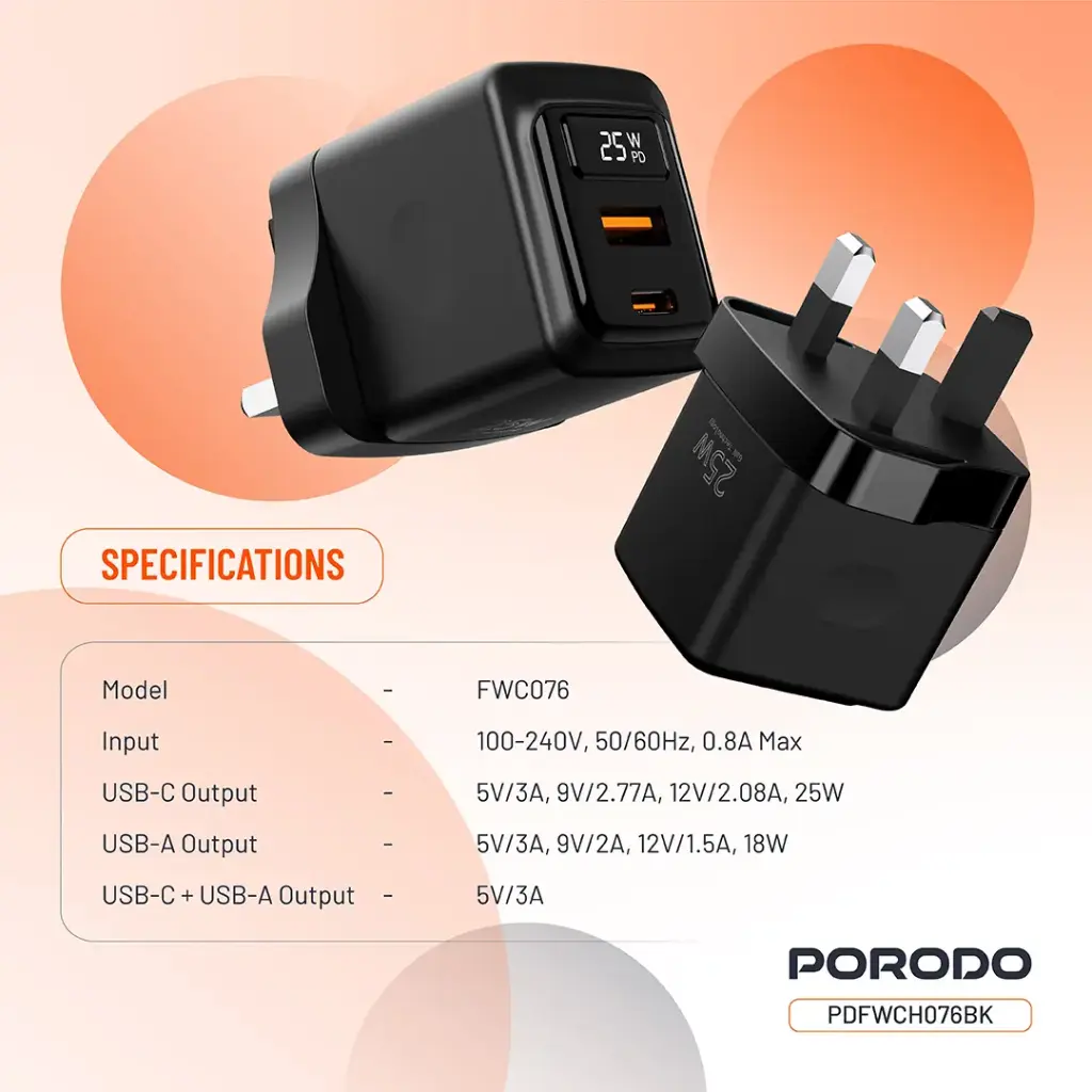 PORODO GAN 25W DUAL USB C WALL CHARGER BLACK PDFWCH079BK - Image 9