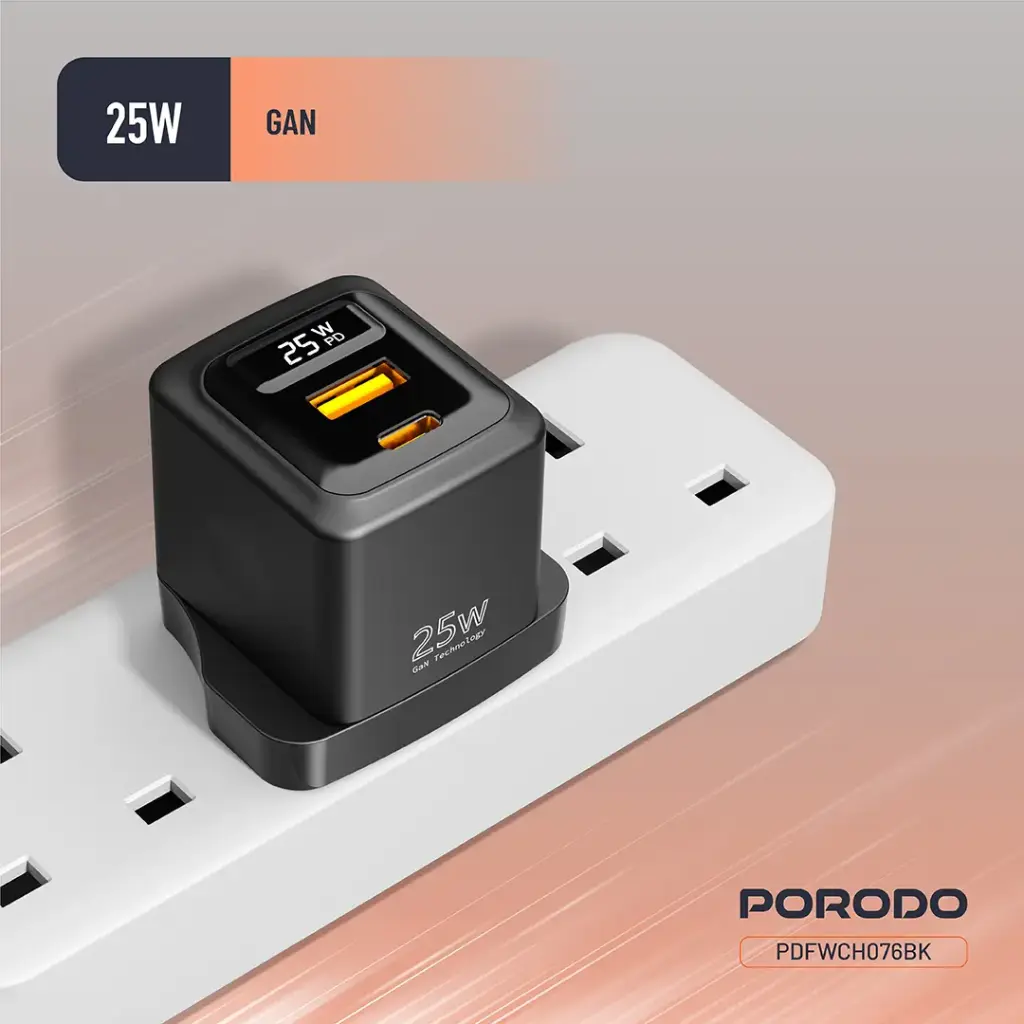 PORODO GAN 25W DUAL PORT USB C WALL CHARGER BLACK PDFWCH076BK - Image 6