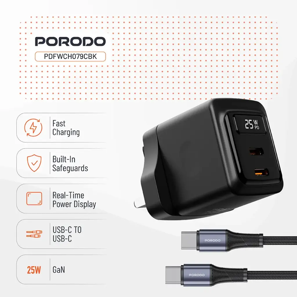 PORODO GAN 25W DUAL PORT WALL CHARGER WITH TYPE C TO LIGHTNING CABLE CABLE BLACK PDFCH076LBK - Image 2