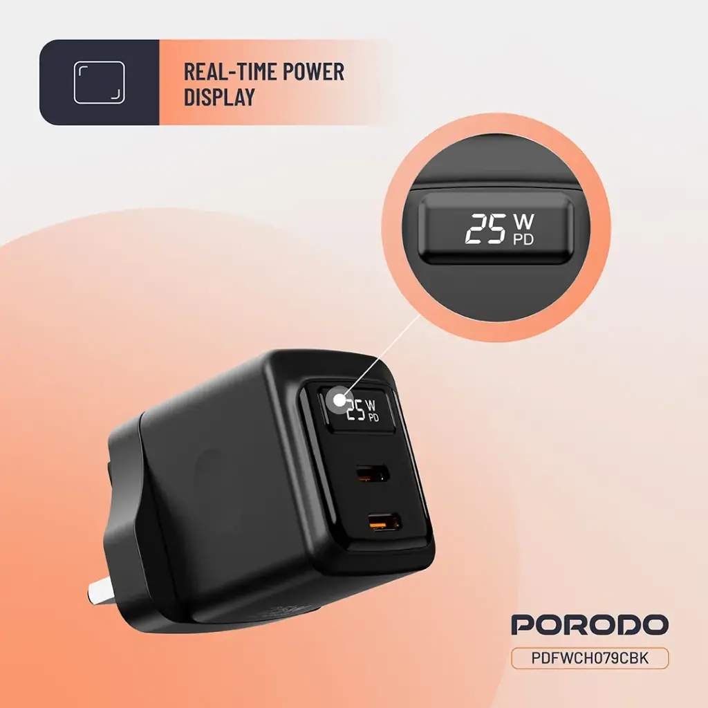PORODO GAN 25W DUAL PORT WALL CHARGER WITH TYPE C TO LIGHTNING CABLE CABLE BLACK PDFCH076LBK - Image 7