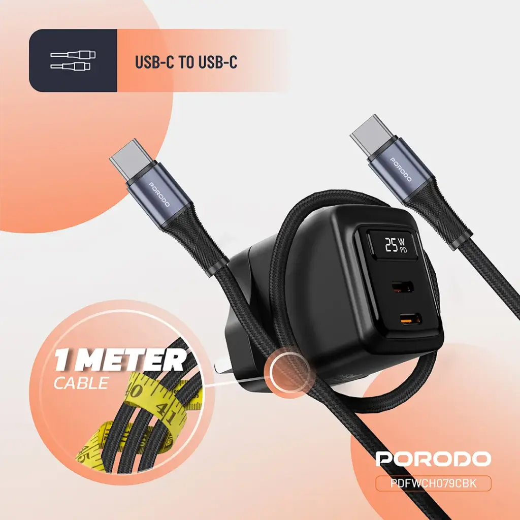 PORODO GAN 25W DUAL PORT WALL CHARGER WITH TYPE C TO LIGHTNING CABLE CABLE BLACK PDFCH076LBK - Image 3