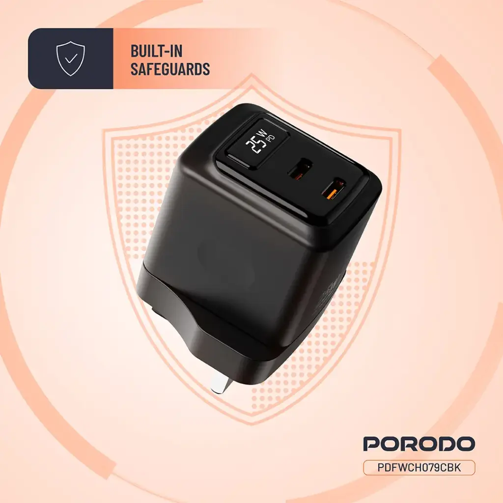 PORODO GAN 25W DUAL PORT WALL CHARGER WITH TYPE C TO LIGHTNING CABLE CABLE BLACK PDFCH076LBK - Image 5