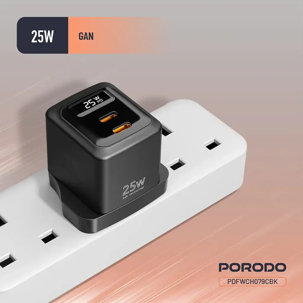 PORODO GAN 25W DUAL PORT WALL CHARGER WITH TYPE C TO LIGHTNING CABLE CABLE BLACK PDFCH076LBK - Image 6