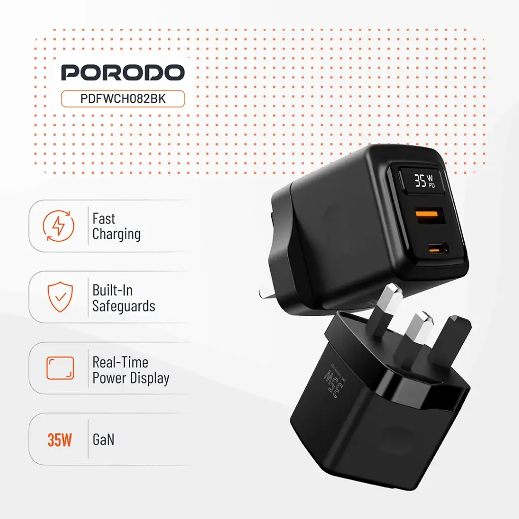 PORODO 35W DUAL PORT WALL CHARGER WITH POWER DISPLAY BLACK PDFWCH082BK - Image 3