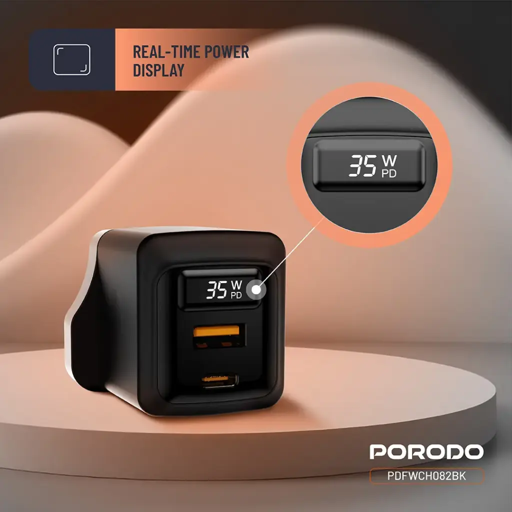 PORODO 35W DUAL PORT WALL CHARGER WITH POWER DISPLAY BLACK PDFWCH082BK - Image 7