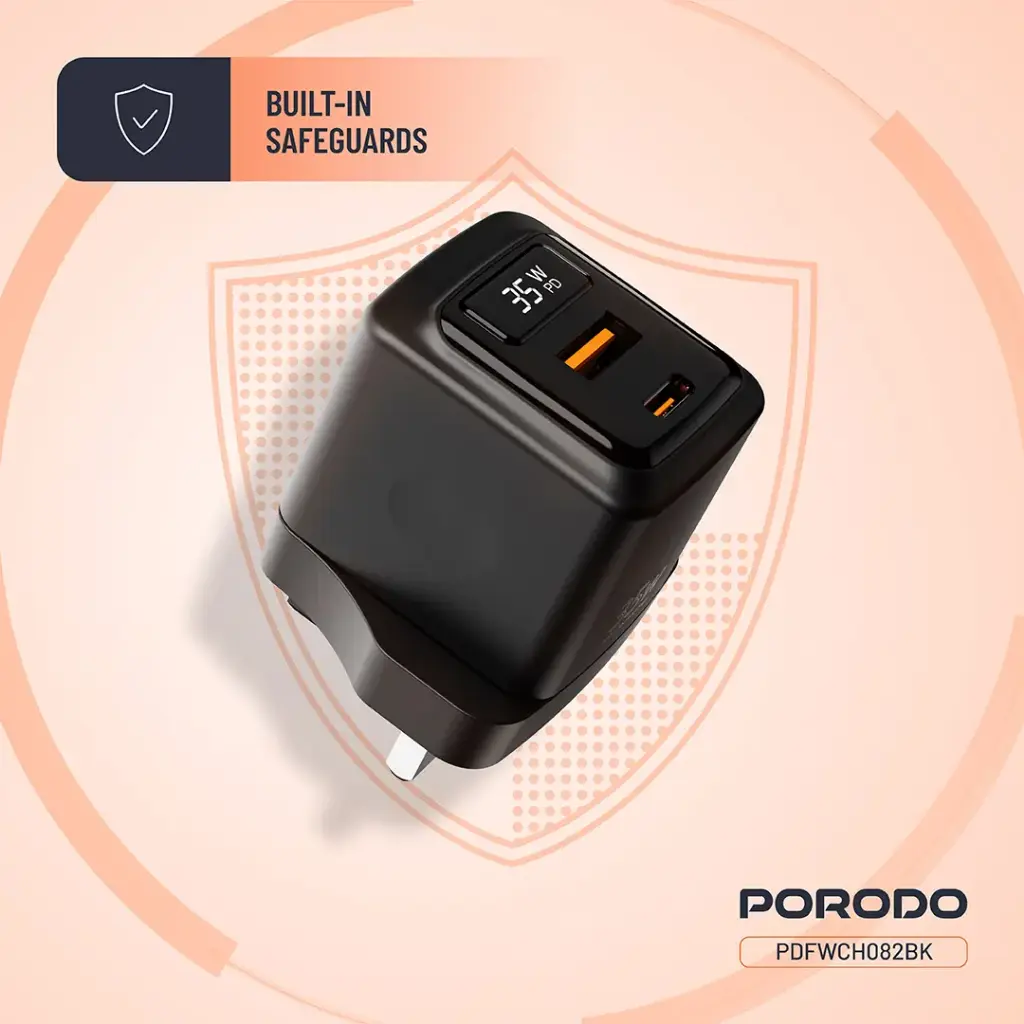 PORODO 35W DUAL PORT WALL CHARGER WITH POWER DISPLAY BLACK PDFWCH082BK - Image 5
