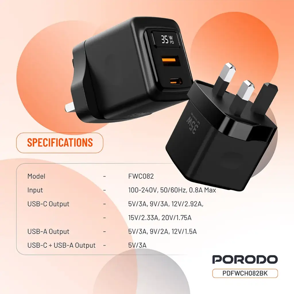 PORODO 35W DUAL PORT WALL CHARGER WITH POWER DISPLAY BLACK PDFWCH082BK - Image 2