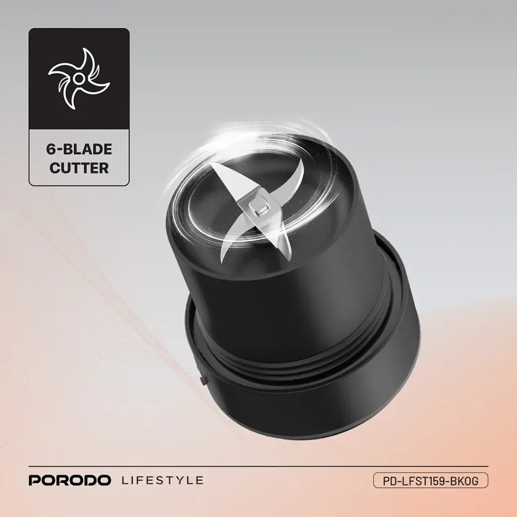 PORODO LIFESTYLE 6 BLADE PORTABLE BLENDER INSULATED MUG BLACK ORANGE PD-LFST159-BKOG - Image 5