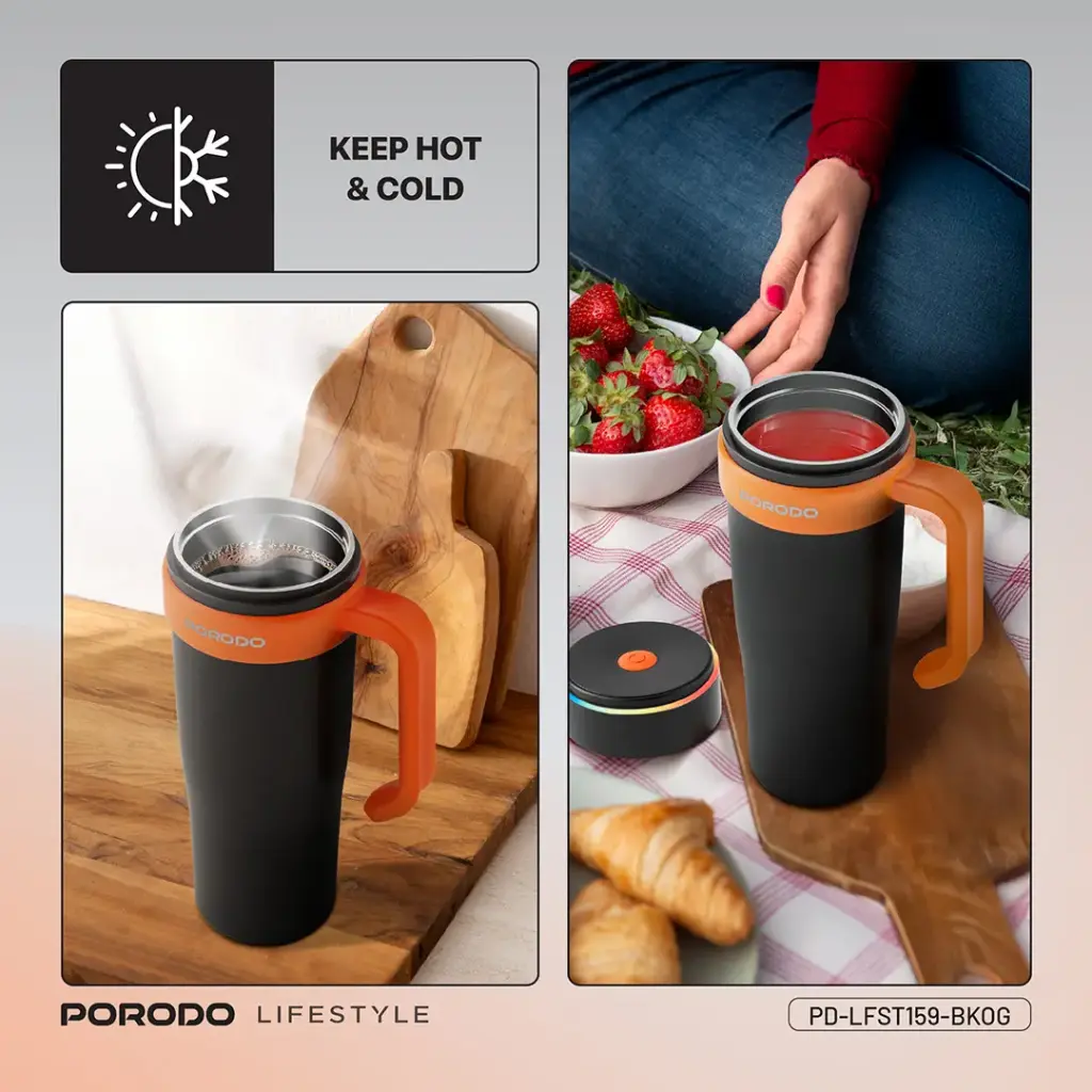 PORODO LIFESTYLE 6 BLADE PORTABLE BLENDER INSULATED MUG BLACK ORANGE PD-LFST159-BKOG - Image 4