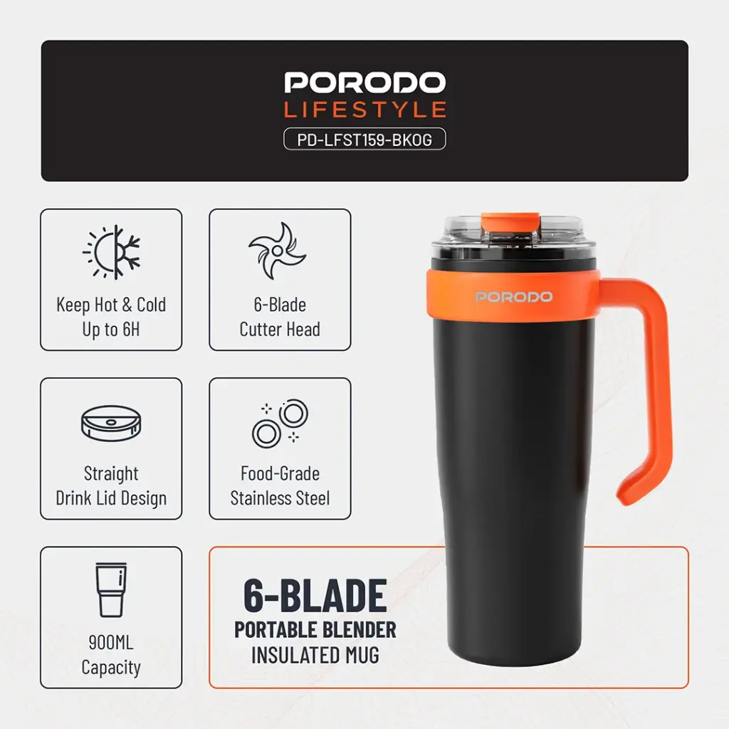 PORODO LIFESTYLE 6 BLADE PORTABLE BLENDER INSULATED MUG BLACK ORANGE PD-LFST159-BKOG - Image 3