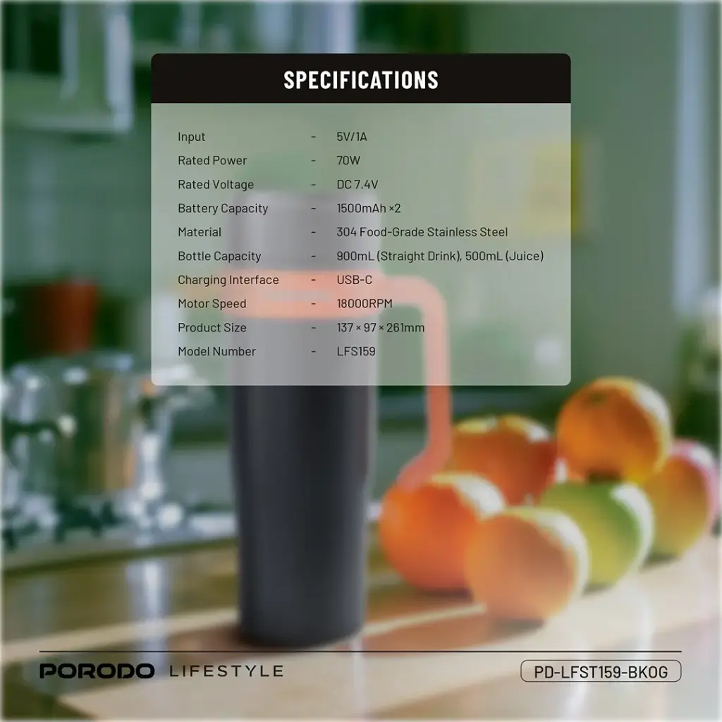 PORODO LIFESTYLE 6 BLADE PORTABLE BLENDER INSULATED MUG BLACK ORANGE PD-LFST159-BKOG - Image 2