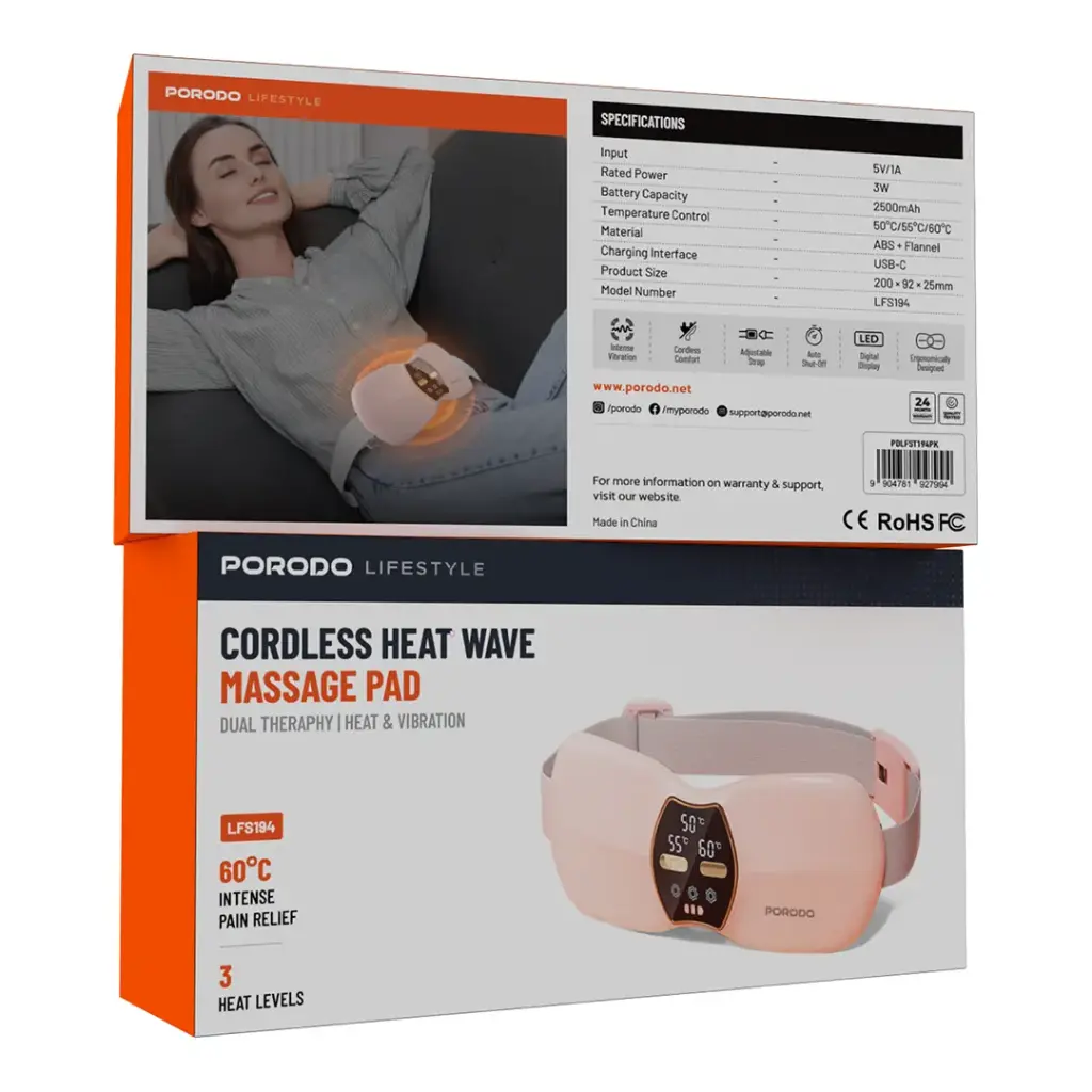 PORODO LIFESTYLE CORDLESS HEAT WAVE MASSAGE PAD PINK PDLFST194PK - Image 2