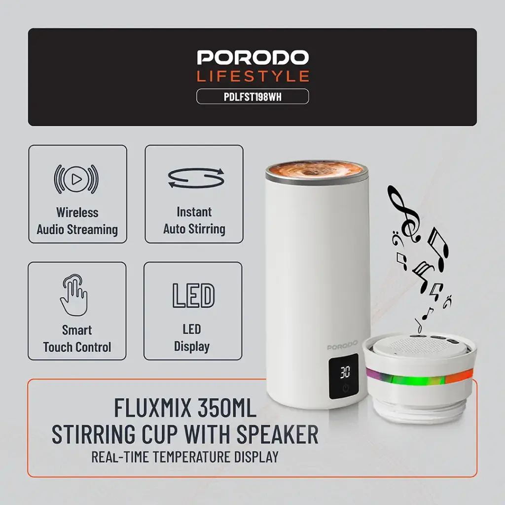 PORODO LIFESTYLE FLUXMIX 350ML STIRRING CUP WITH SPEAKER WHITE PDLFST198WH - Image 3