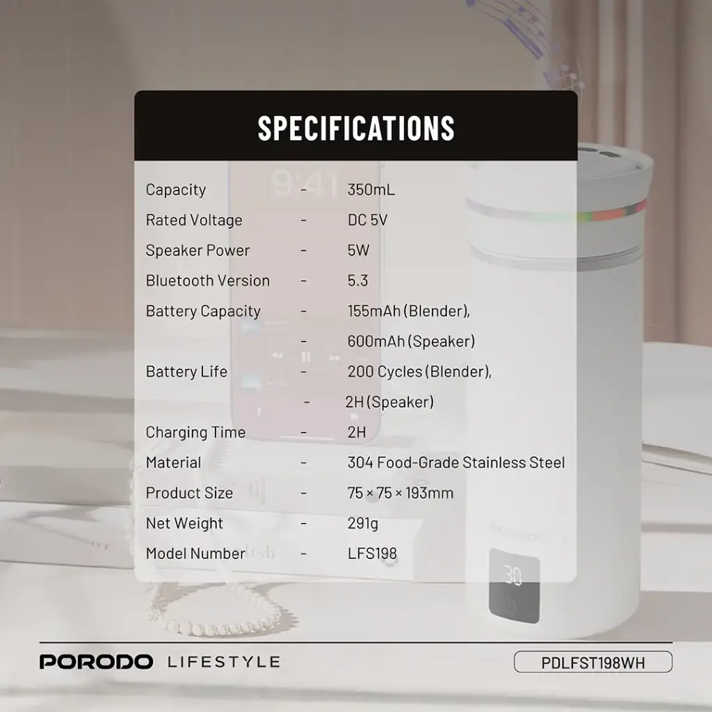 PORODO LIFESTYLE FLUXMIX 350ML STIRRING CUP WITH SPEAKER WHITE PDLFST198WH - Image 2