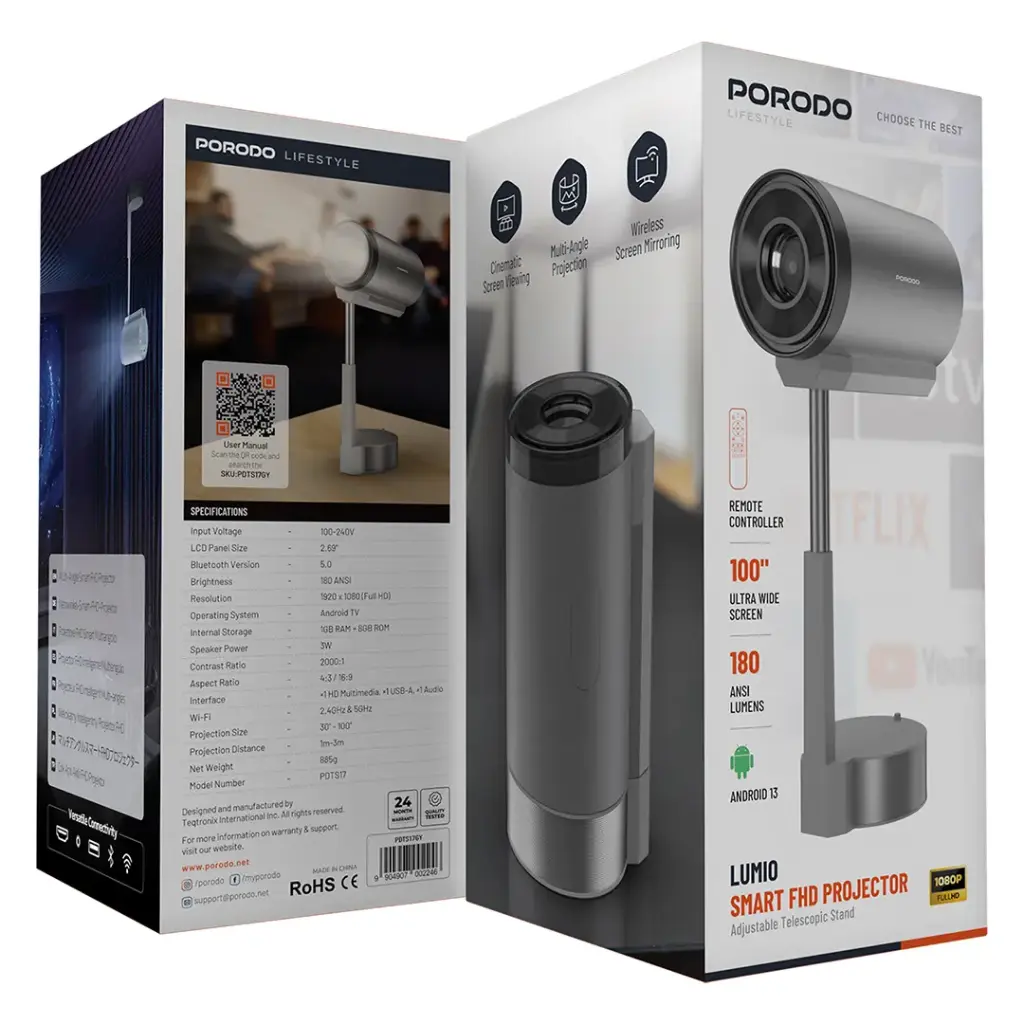 PORODO LUMIO SMART FHD PROJECTOR GREY PDTS17GY - Image 3