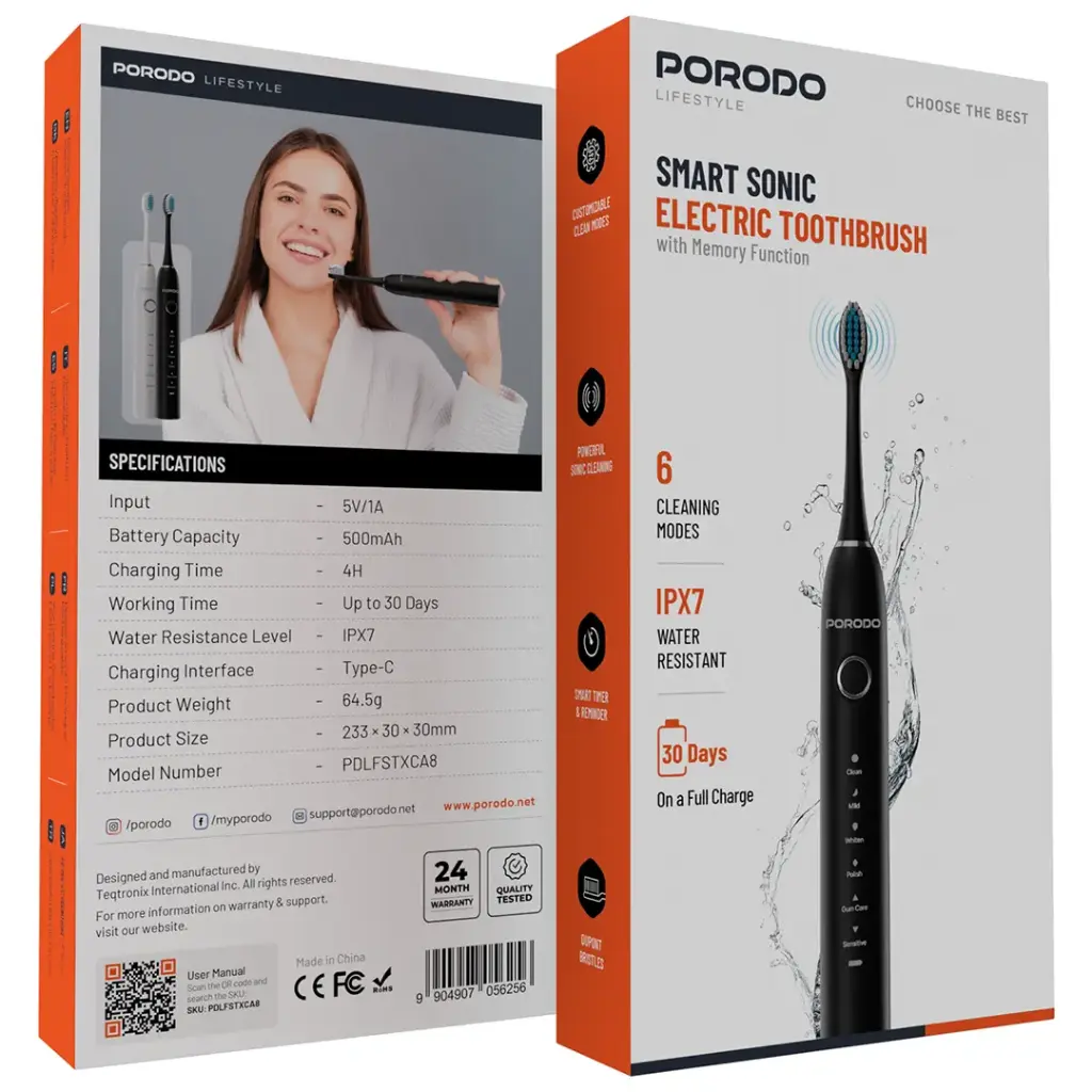 PORODO LIFESTYLE SMART SONIC ELECTRIC TOOTHBRUSH BLACK PDLFSTXCA8BK - Image 2