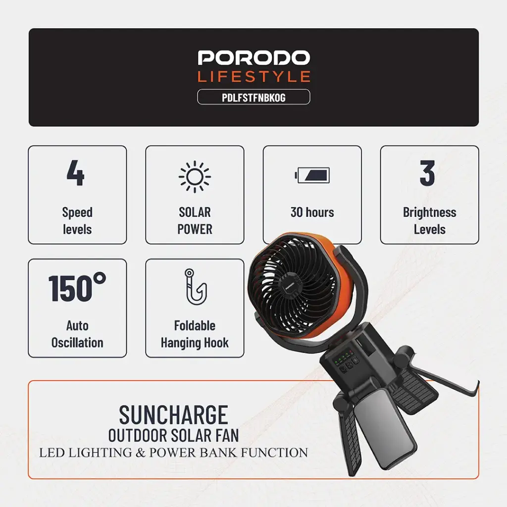 PORODO SUNCHARGE OUTDOOR SOLAR FAN BLACK ORANGE PDLFSTFNBKOG - Image 3