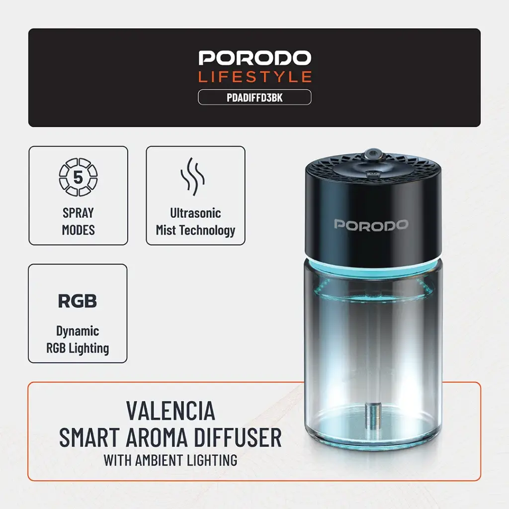 PORODO LIFESTYLE VALENCIA SMART AROMA DIFFUSER BLACK PDADIFFD3BK - Image 4