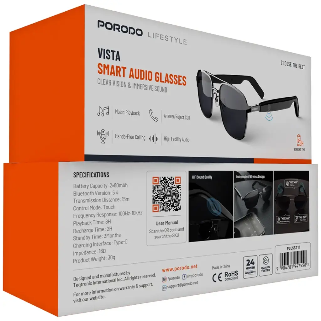 PORODO LIFESTYLE VISTA SMART AUDIO GLASSES BLACK PDLSSG11 - Image 2