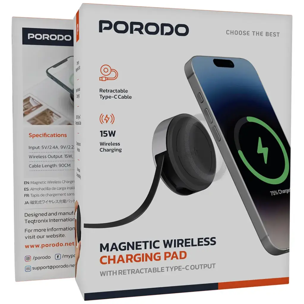 PORODO MAGNETIC WIRELESS CHARGING PAD WITH RETRACTABLE TYPE C CABLE BLACK PDETK22BK - Image 4