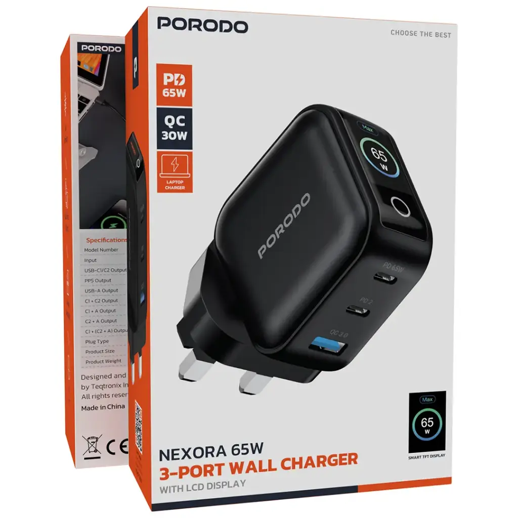 PORODO NEXORA 100W 3 PORT WALL CHARGER WITH LCD DISPLAY BLACK PDWCP5010BK - Image 2