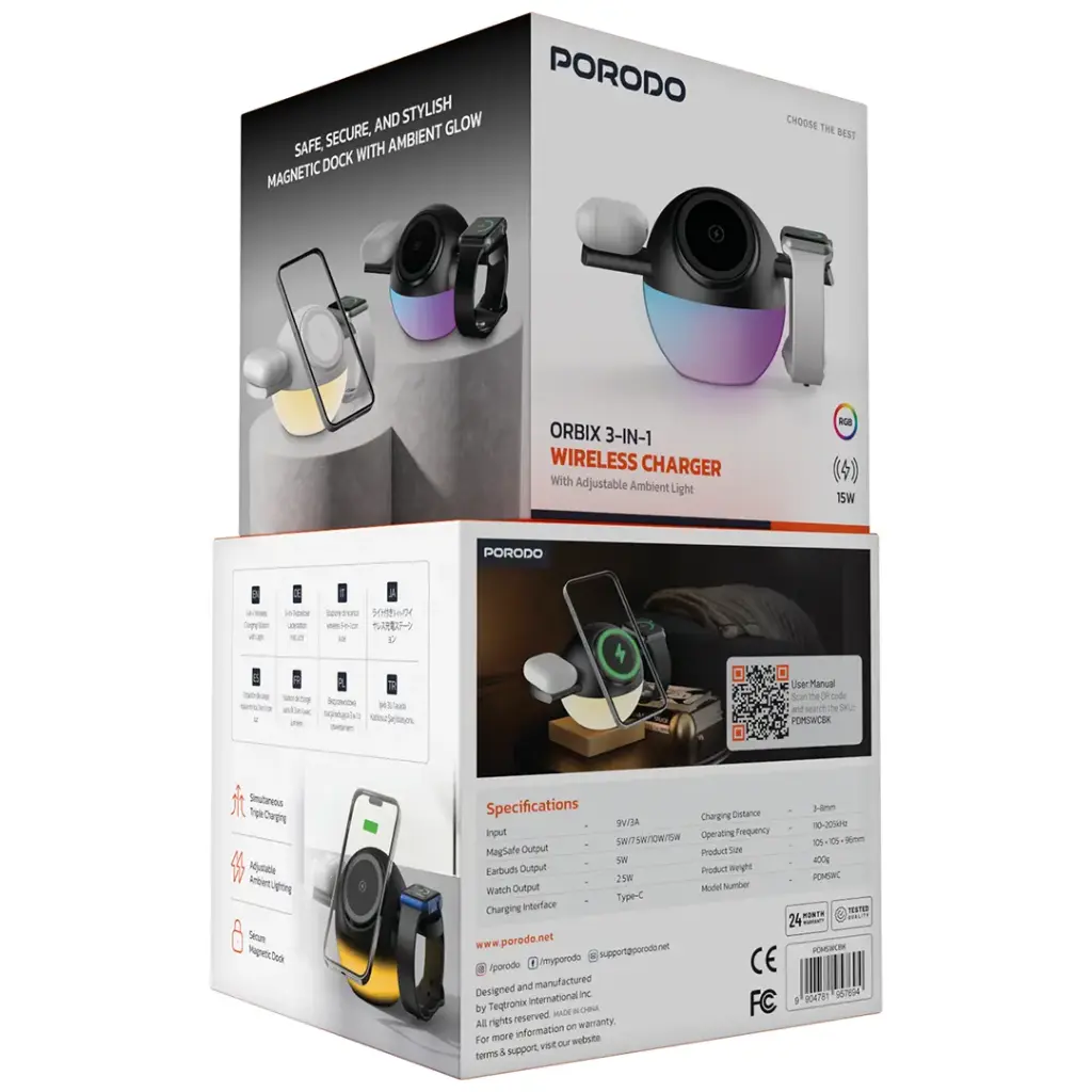 PORODO ORBIX 3 IN 1 WIRELESS CHARGER WITH ADJUSTABLE AMBIENT LIGHT BLACK PDMSWCBK - Image 3