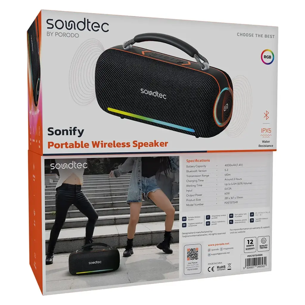 PORODO SOUNDTECH SONIFY PORTABLE WIRELESS SPEAKER BLACK PDSTBTSH9BK - Image 5