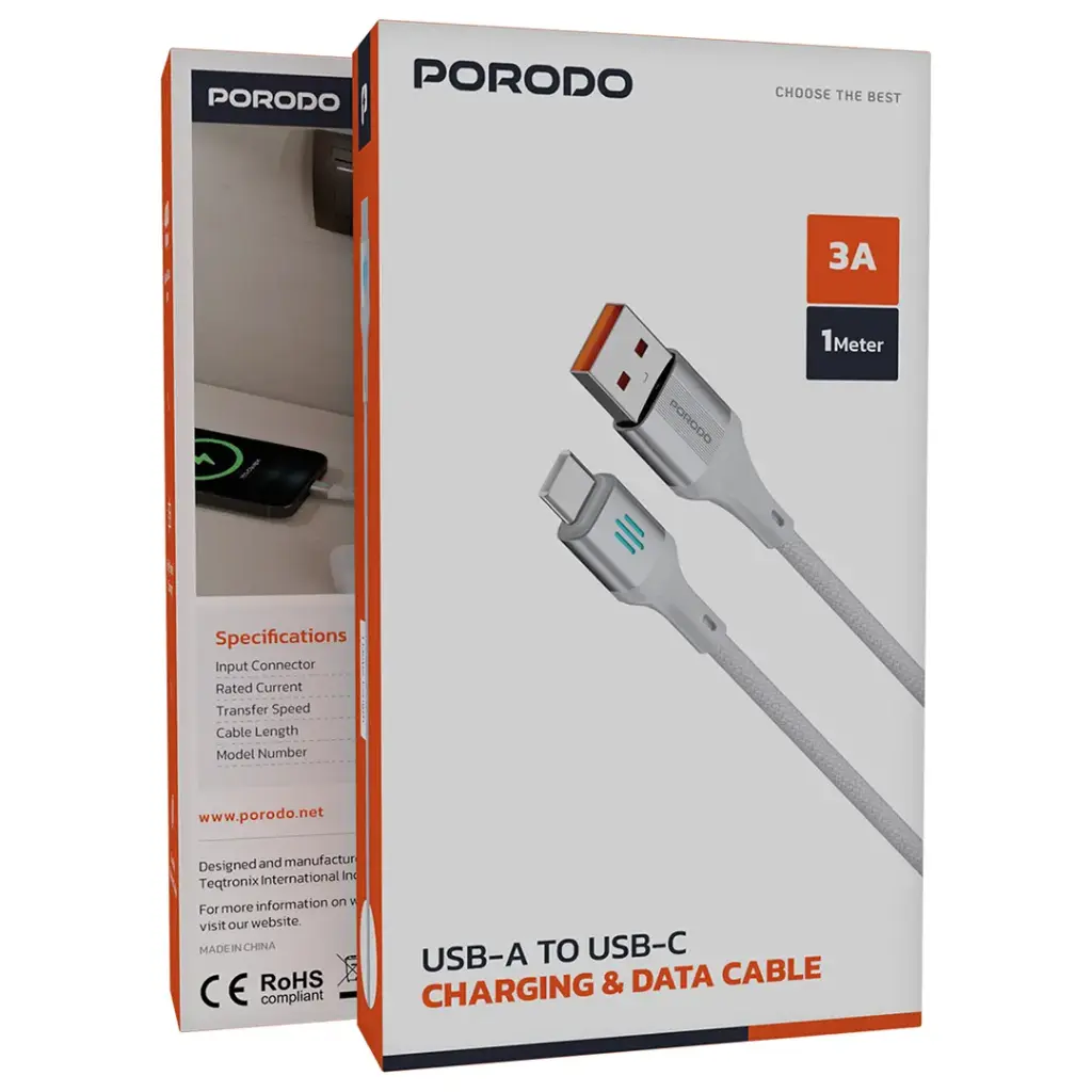 PORODO USB A TO USB C CHARGING DATA CABLE 1M SILVER PDDC96SL - Image 3