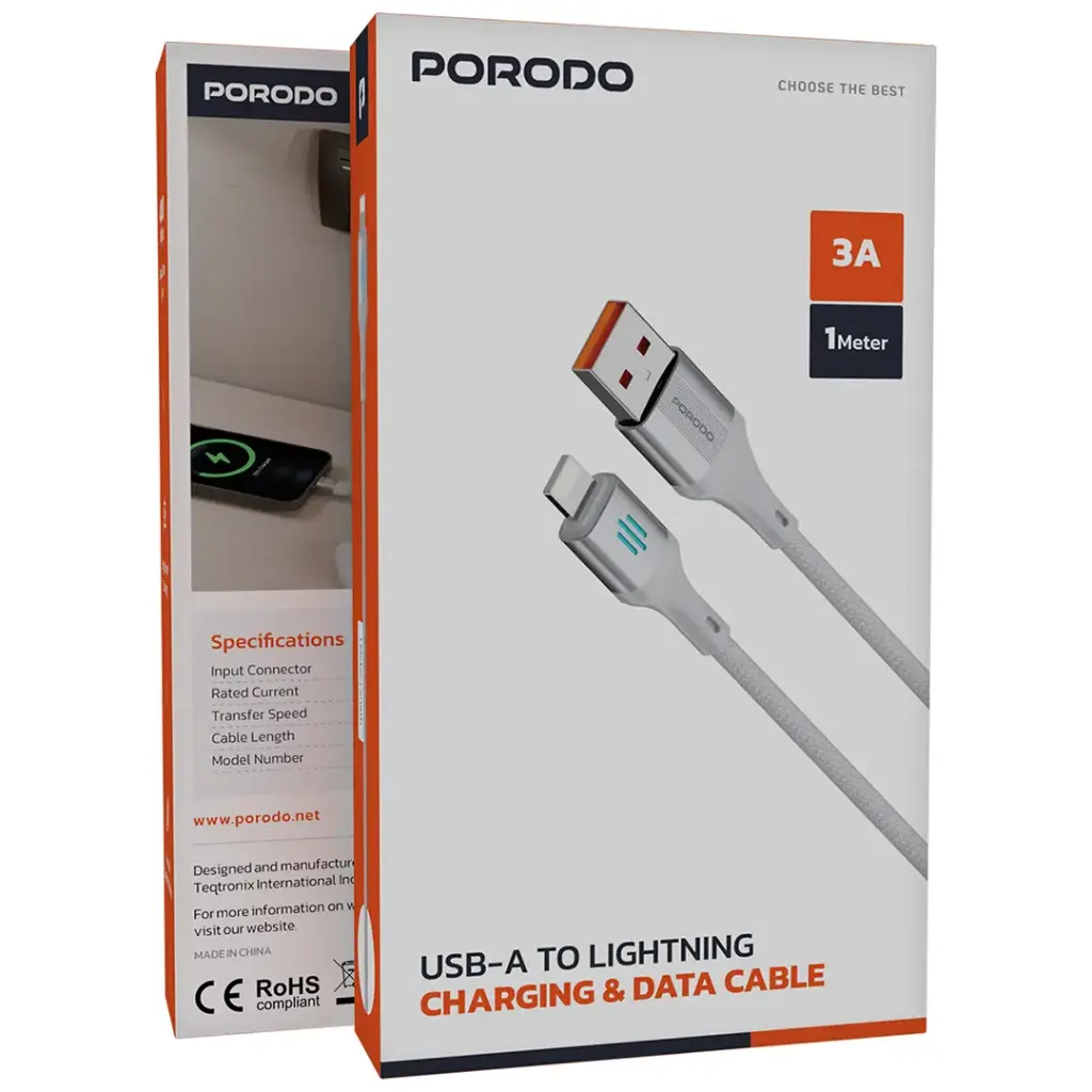 PORODO USB A TO LIGHTNING CHARGING DATA CABLE 1M SILVER PDDC97SL - Image 5