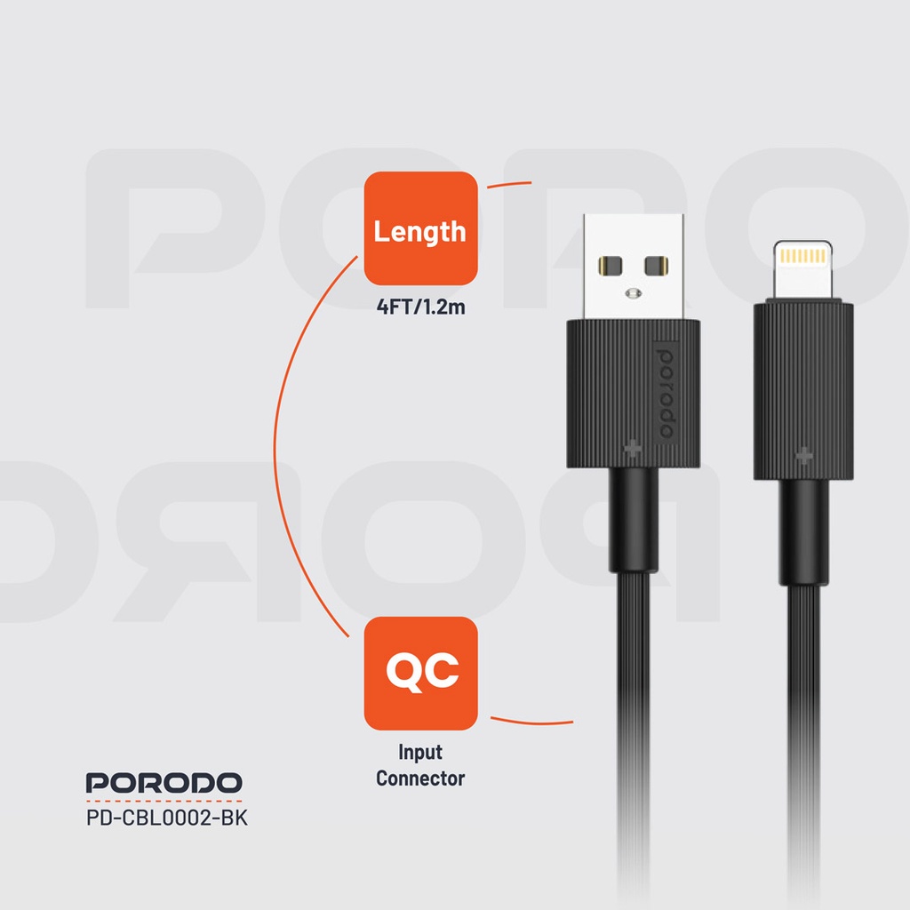 PORODO USB A TO LIGHTNING DURABLE CHARGING CABLE 1.2M BLACK PD-CBL0002-BK - Image 7