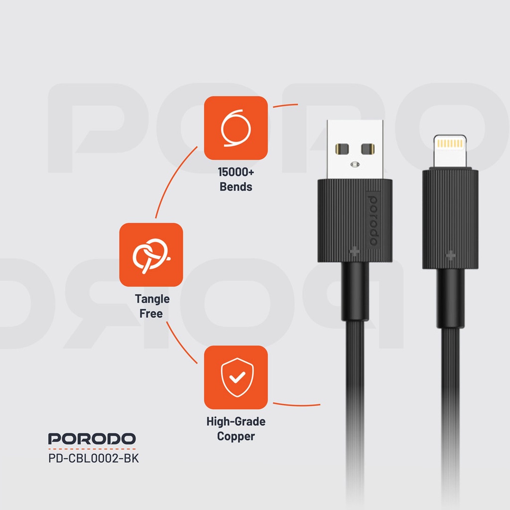 PORODO USB A TO LIGHTNING DURABLE CHARGING CABLE 1.2M BLACK PD-CBL0002-BK - Image 3