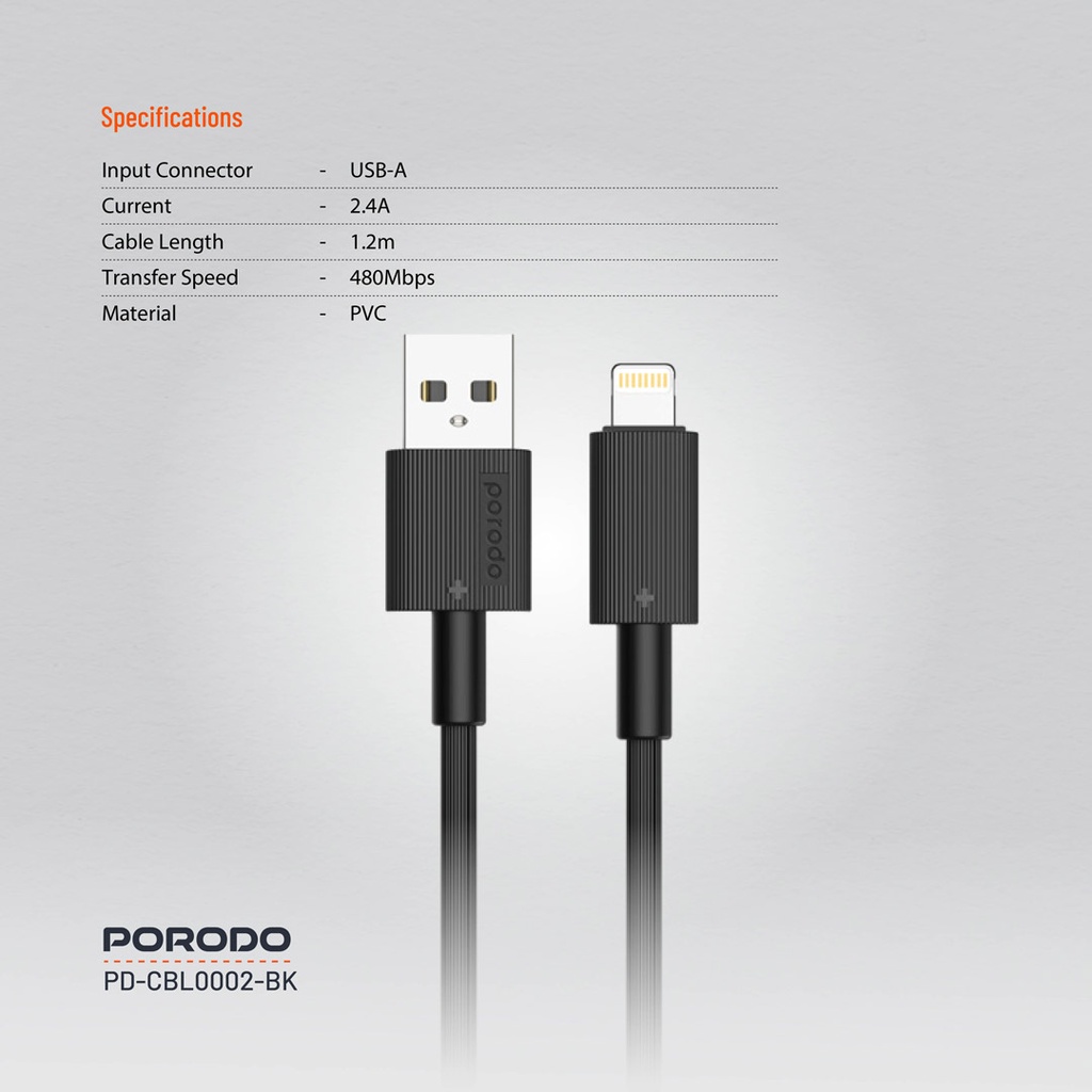 PORODO USB A TO LIGHTNING DURABLE CHARGING CABLE 1.2M BLACK PD-CBL0002-BK - Image 2