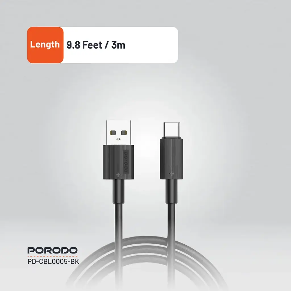 PORODO CHARGE LITE USB-A TO USB-C HIGH-SPEED CHARGING 1M/3.3FT CABLE GRAY PDCBL0043GY - Image 8