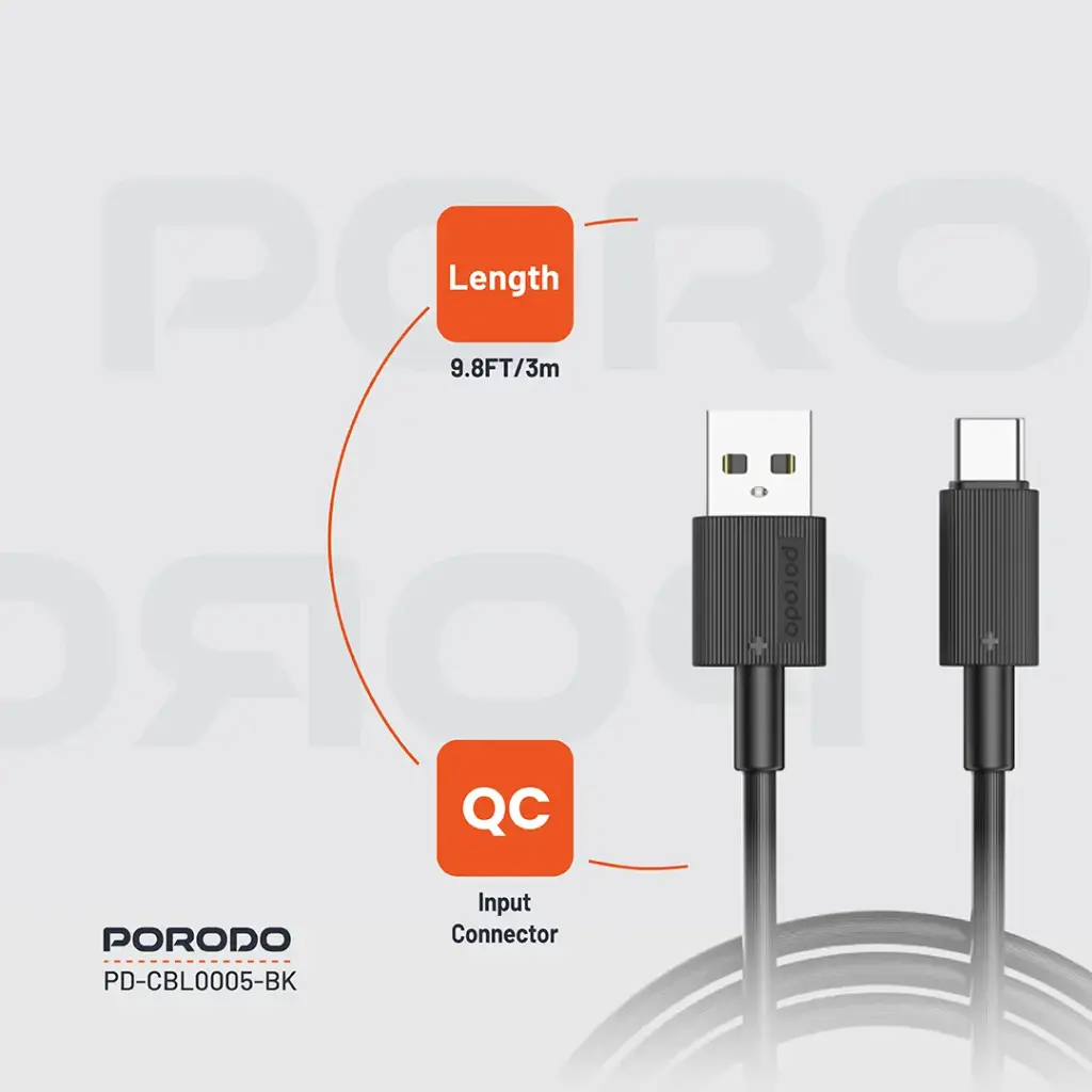 PORODO CHARGE LITE USB-A TO USB-C HIGH-SPEED CHARGING 1M/3.3FT CABLE GRAY PDCBL0043GY - Image 7