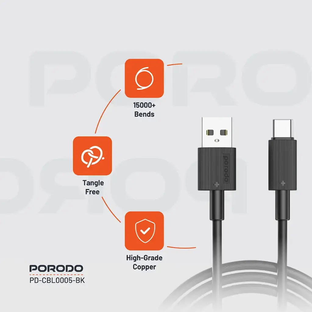 PORODO CHARGE LITE USB-A TO USB-C HIGH-SPEED CHARGING 1M/3.3FT CABLE GRAY PDCBL0043GY - Image 3