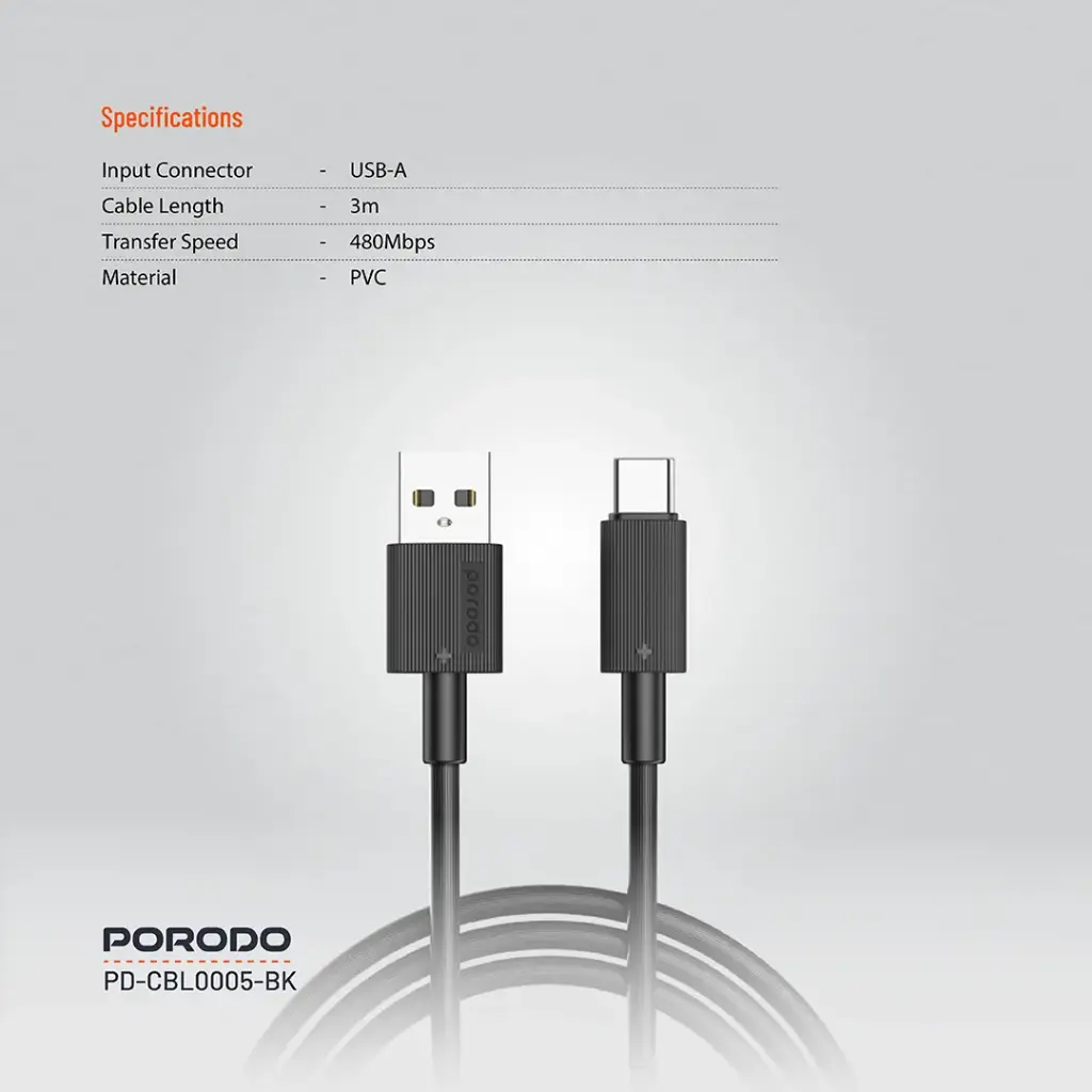 PORODO CHARGE LITE USB-A TO USB-C HIGH-SPEED CHARGING 1M/3.3FT CABLE GRAY PDCBL0043GY - Image 2