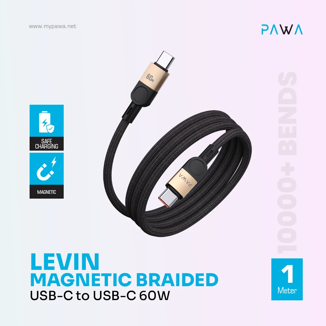 PAWA LEVIN MAGNETIC BRAIDED USB C TO USB C 60W CABLE 1M DESERT BLACK PW-12BDM251-DTBK - Image 3