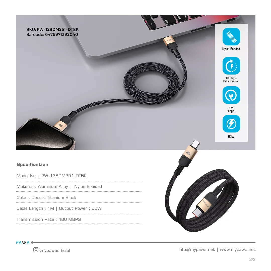 PAWA LEVIN MAGNETIC BRAIDED USB C TO USB C 60W CABLE 1M DESERT BLACK PW-12BDM251-DTBK - Image 4