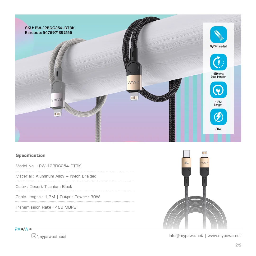 PAWA LEVIN USB C TO LIGHTNING BRAIDED CABLE 1.2M 30W DESERT BLACK PW-12BDC254-DTBK - Image 4