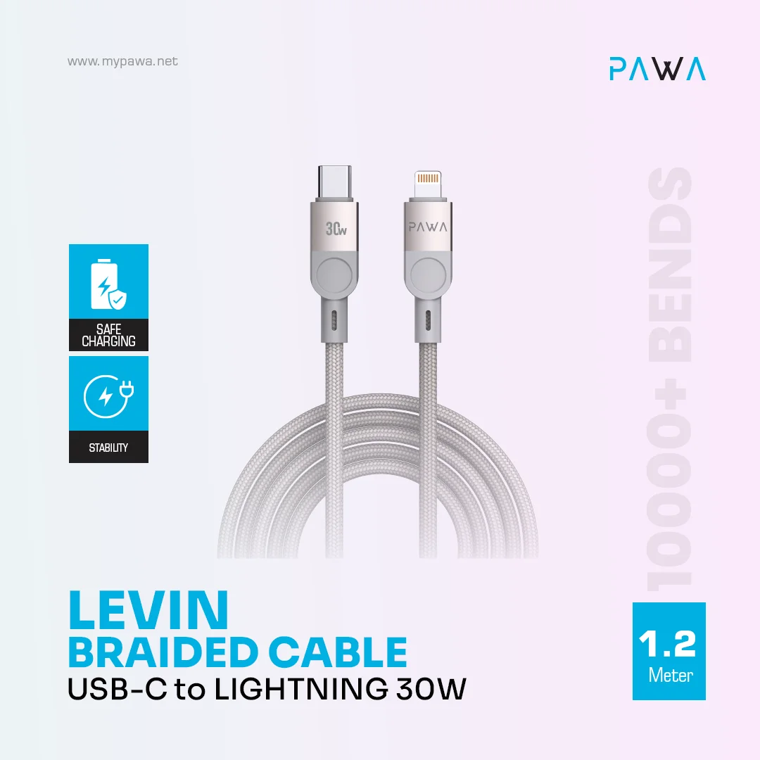 PAWA LEVIN USB C TO LIGHTNING BRAIDED CABLE 1.2M 30W GREY TITANIUM PW-12BDC254-GYTT - Image 3
