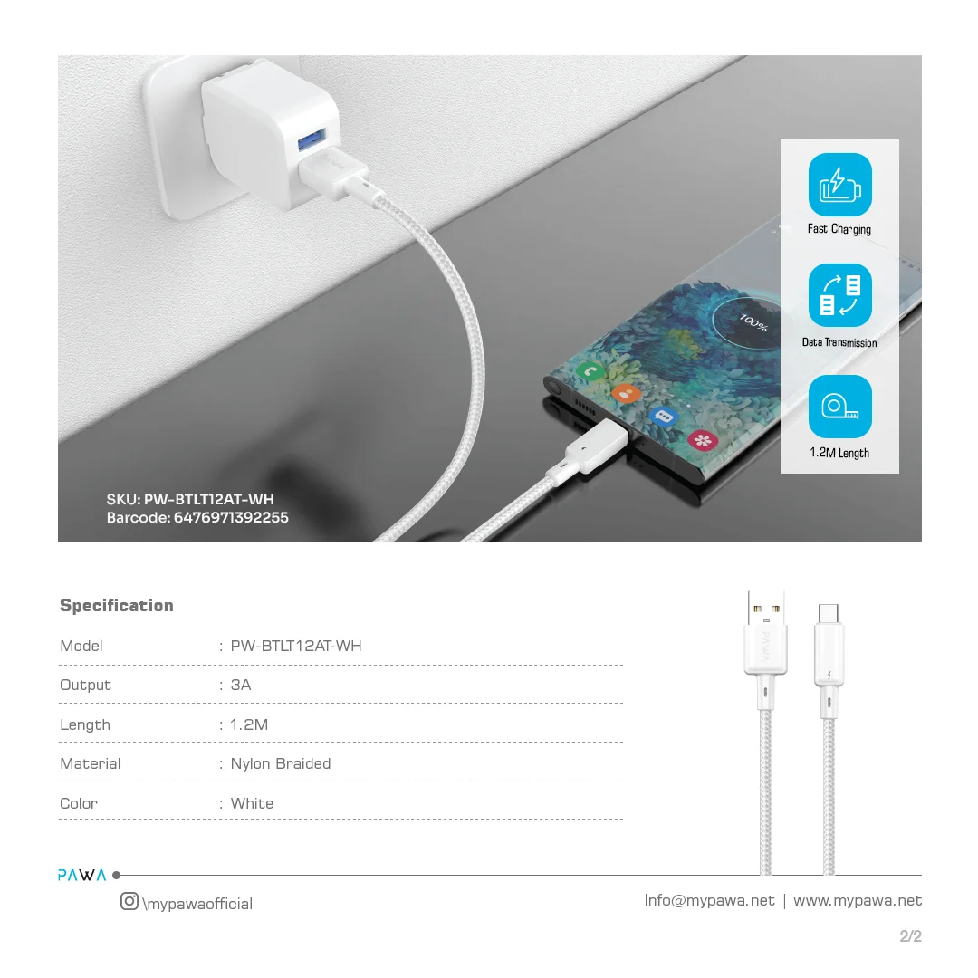 PAWA 3A USB A TO TYPE C QUICK CHARGING BRAIDED CABLE 1.2M PW122 WHITE PW-BTLT12AT-WH - Image 4