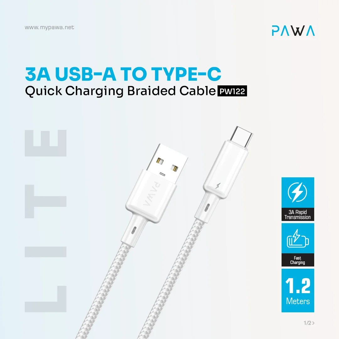 PAWA 3A USB A TO TYPE C QUICK CHARGING BRAIDED CABLE 1.2M PW122 WHITE PW-BTLT12AT-WH - Image 3
