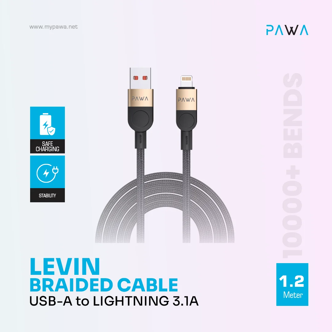 PAWA LEVIN USB A TO LIGHTNING 3.1A BRAIDED CABLE 1.2M DESERT BLACK PW-12BDC252-DTBK - Image 3