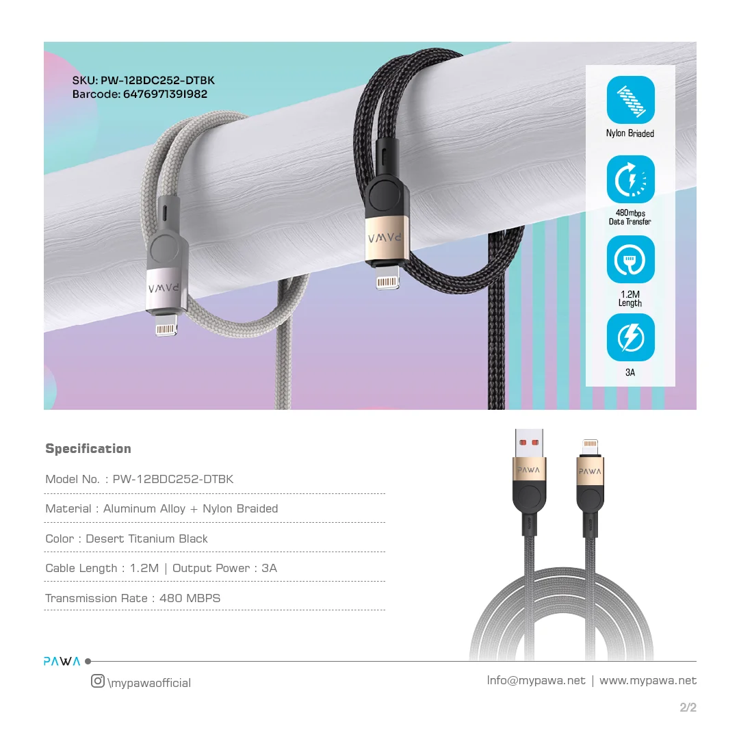 PAWA LEVIN USB A TO LIGHTNING 3.1A BRAIDED CABLE 1.2M DESERT BLACK PW-12BDC252-DTBK - Image 4