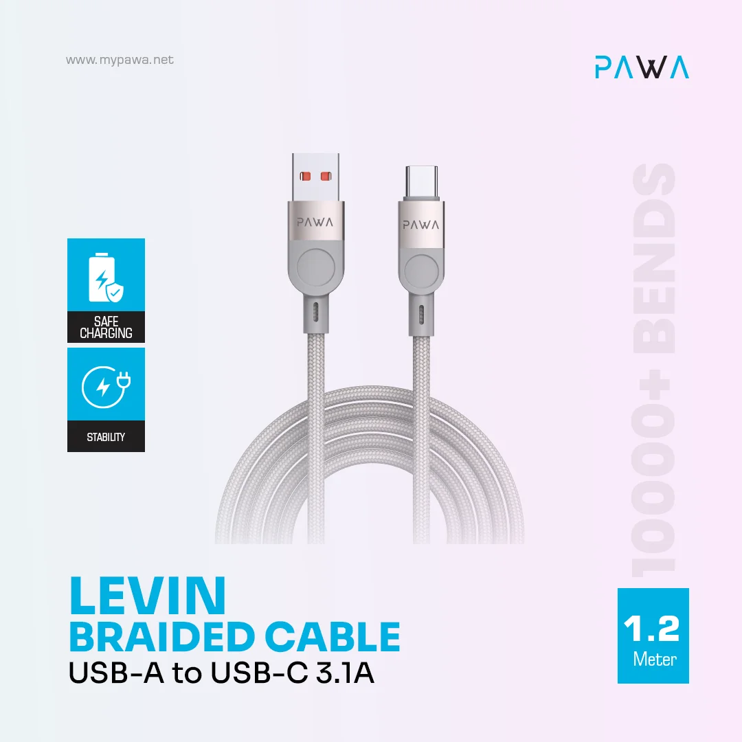 PAWA LEVIN USB A TO TYPE C 3.1A BRAIDED CABLE 1.2M GREY TITANIUM PW-12BDC251-GYTT - Image 3